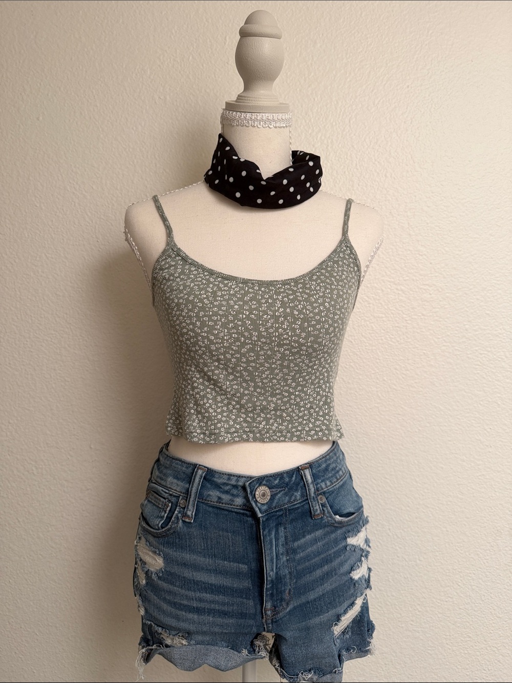 Brandy Melville Floral Print Sage Green Cropped Spaghetti Strap Tank Top